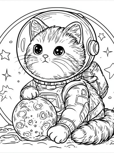 Astronaut Cat Coloring Poster.
