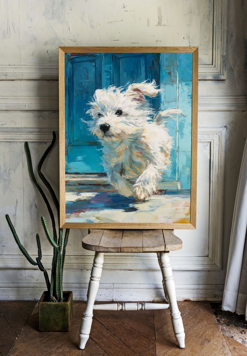 White Puppy Blue Door Illustration Poster. room preview