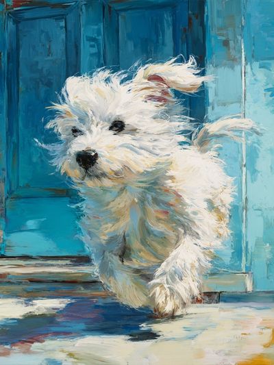 White Puppy Blue Door Illustration Poster.
