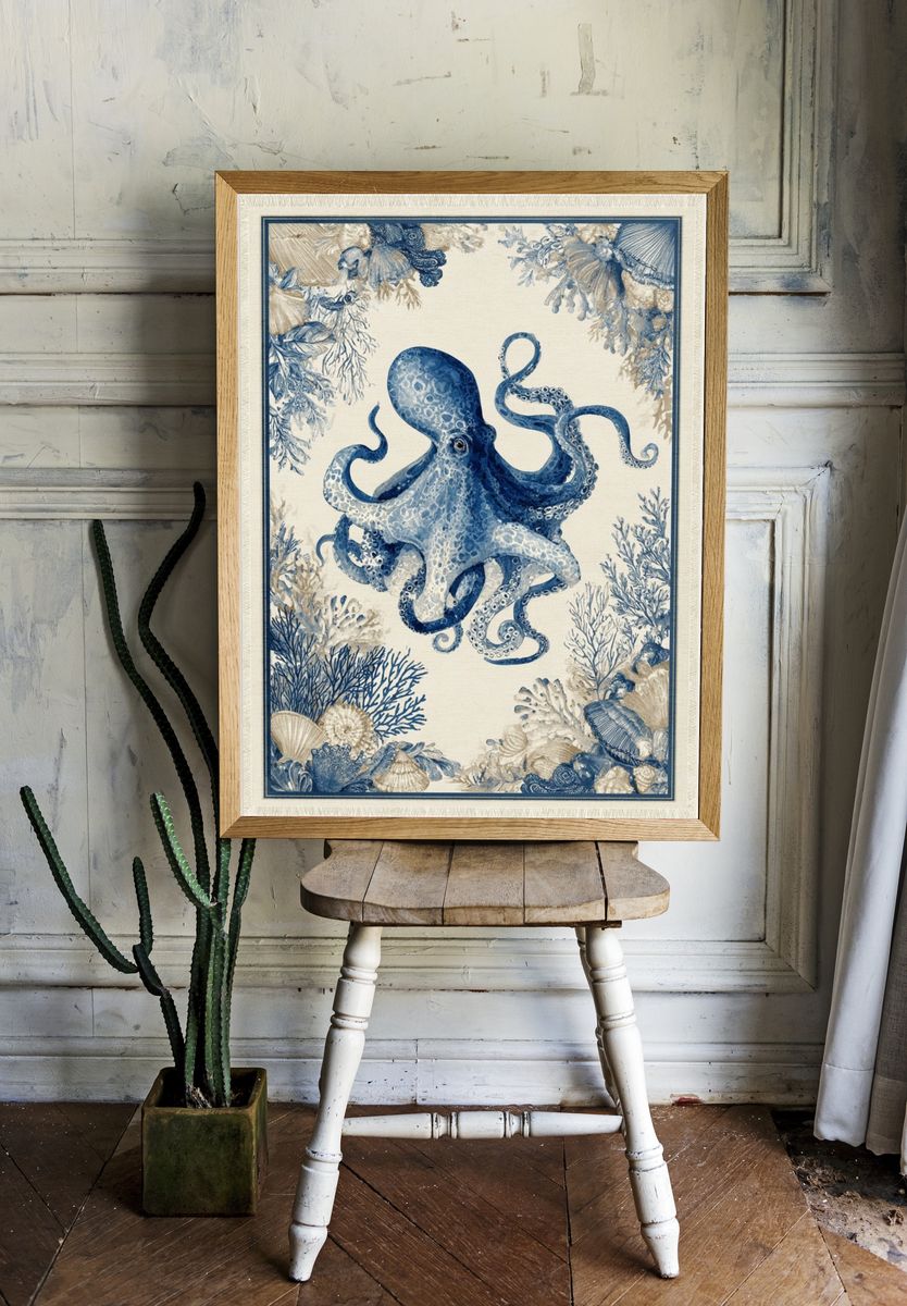 Blue Octopus Coastal Illustration Poster. room preview