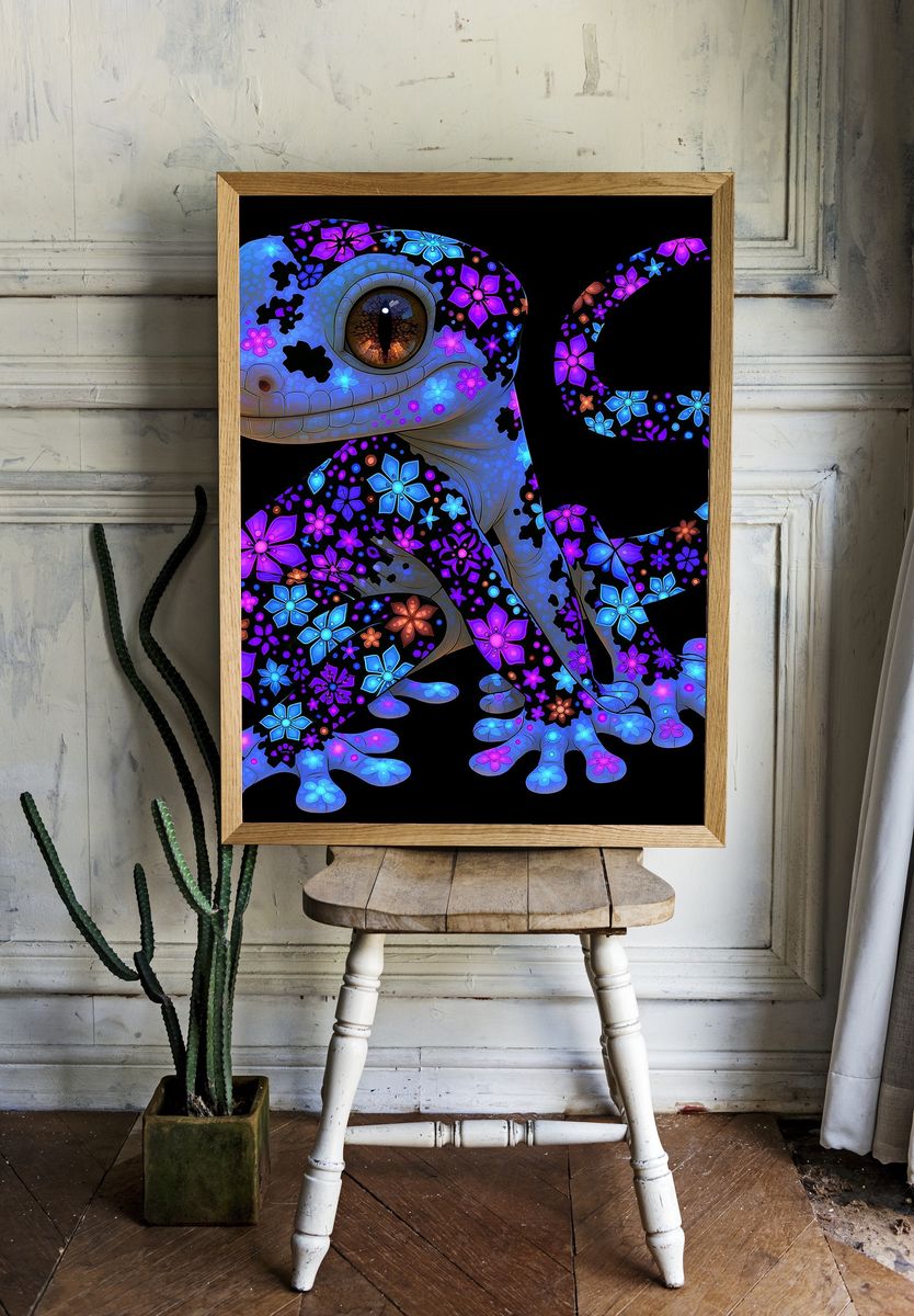 Floral Gecko Illustration Poster. room preview