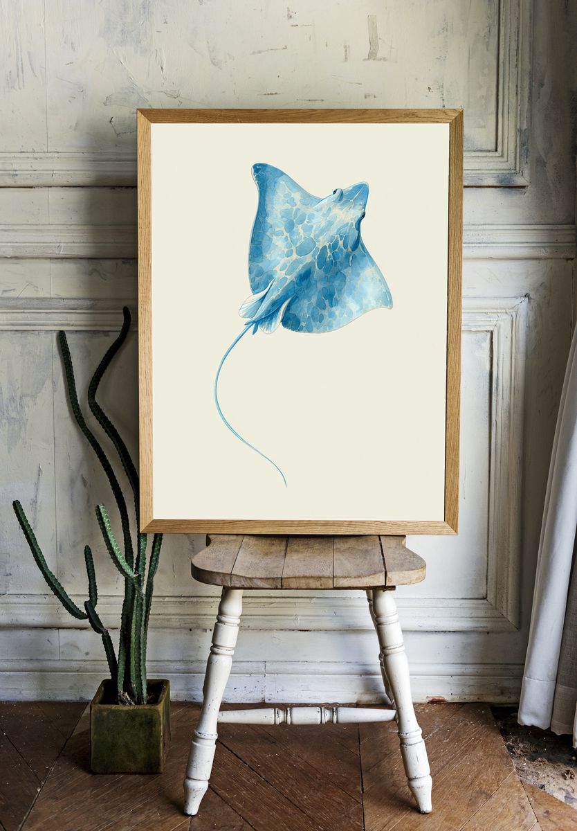Blue Stingray Watercolor Print. room preview