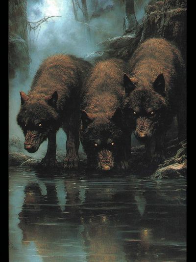 Three Wolves in Mist Poster.