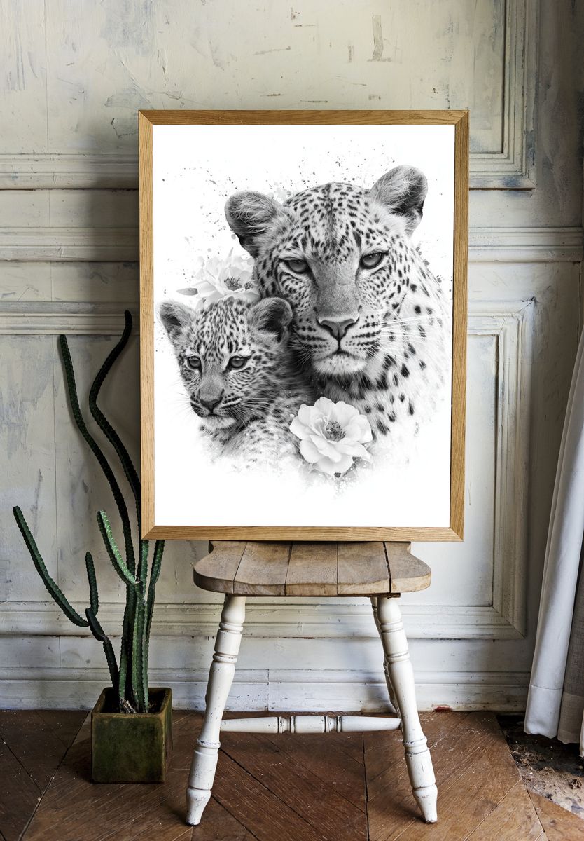 Leopard Mother and Cub Black-White Poster. room preview