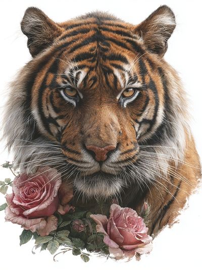 Tiger with Roses Illustration Print.