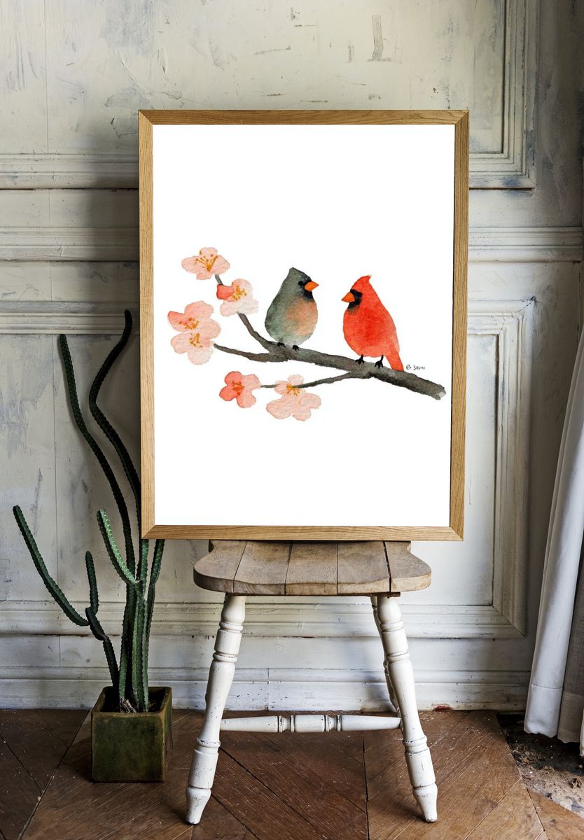 Cardinals on Cherry Blossom Branch Print. room preview