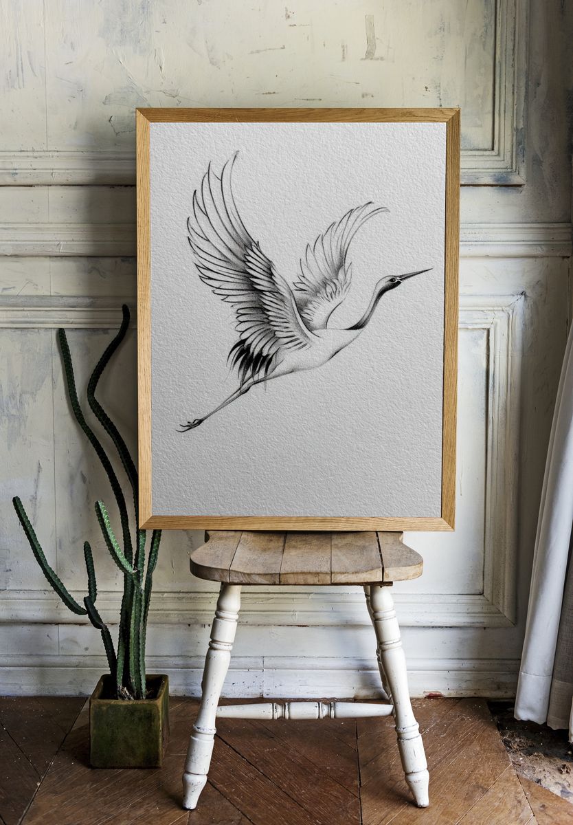 Crane in Flight Ink Poster. room preview