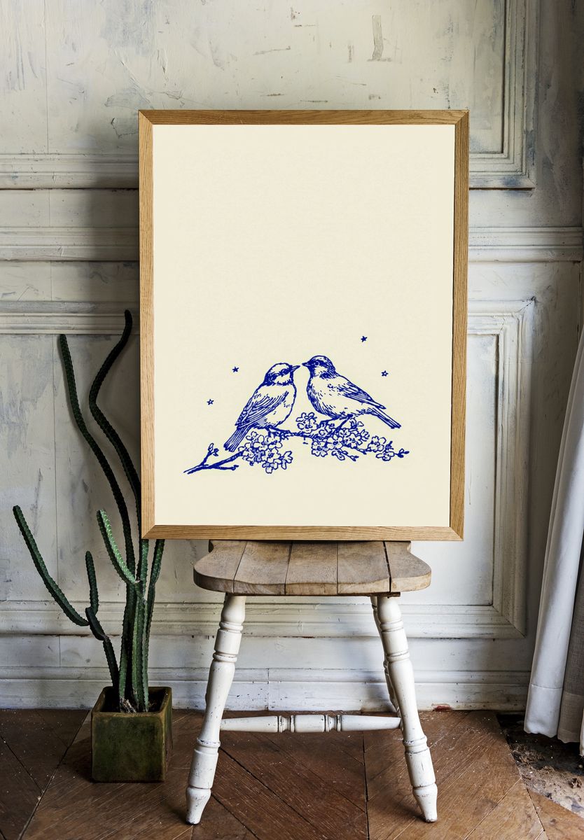 Blue Birds Botanical Print. room preview