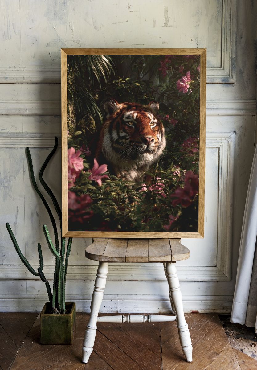Tiger in Blooming Jungle Poster. room preview