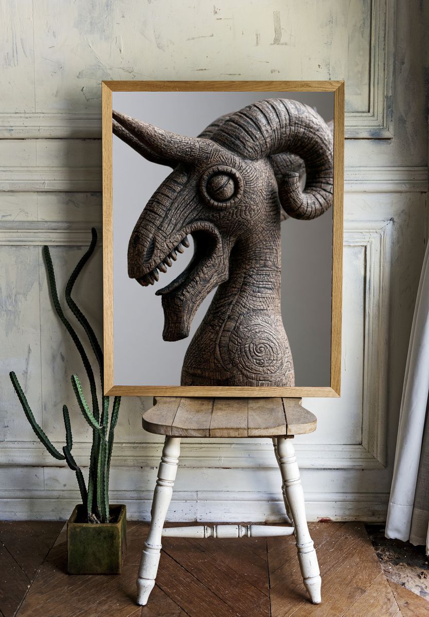 Carved Bull Head Sculpture Print. room preview