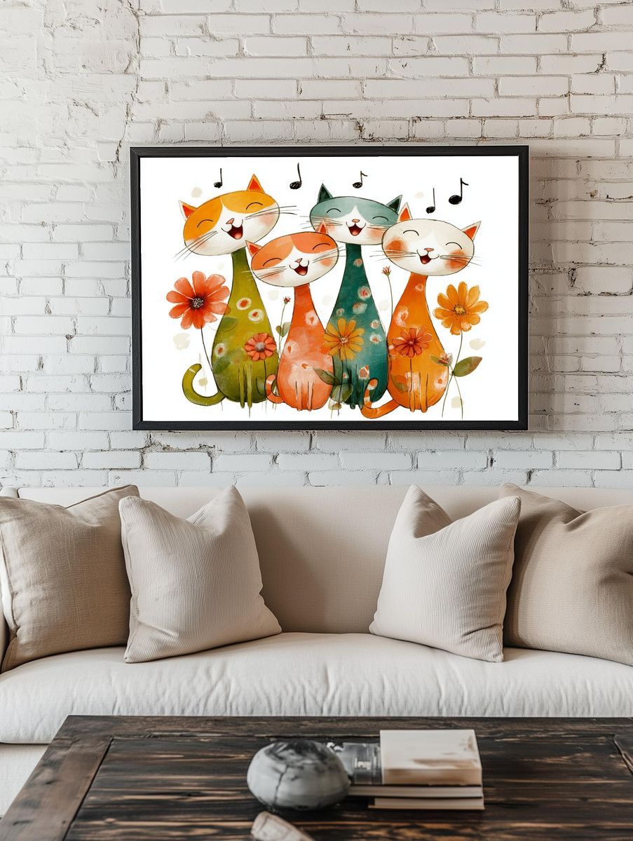 Happy Cats Watercolor Print. room preview