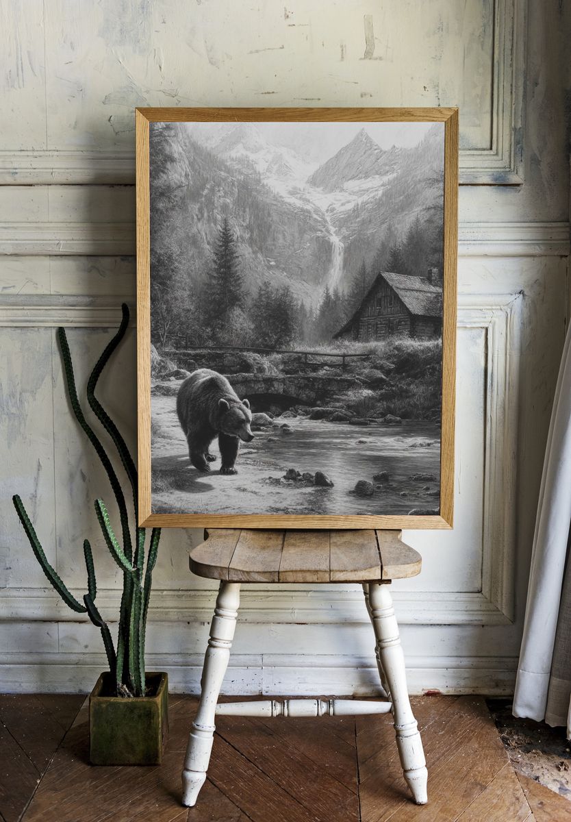 Mountain Bear Cabin Black-White Poster. room preview