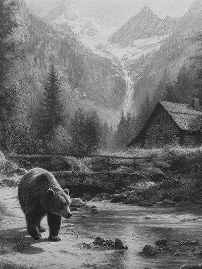 Mountain Bear Cabin Black-White Poster.