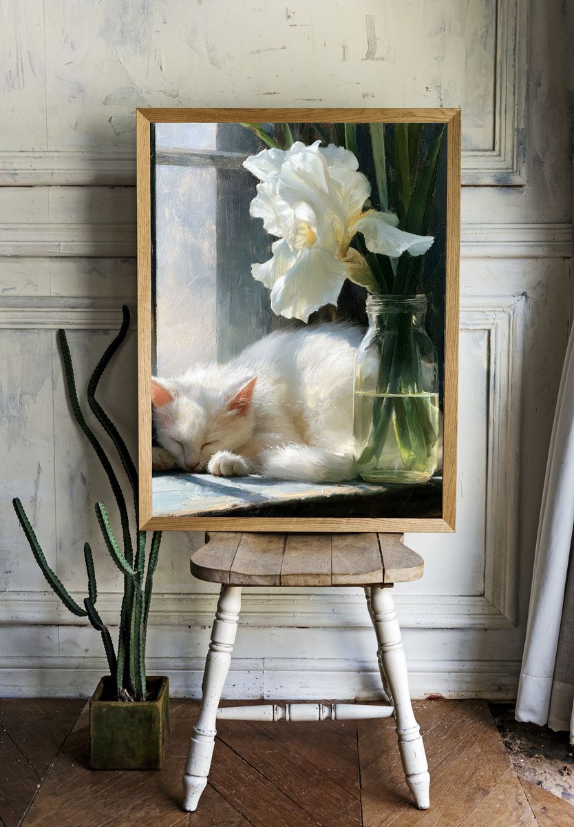 Sleeping White Cat Botanical Print. room preview