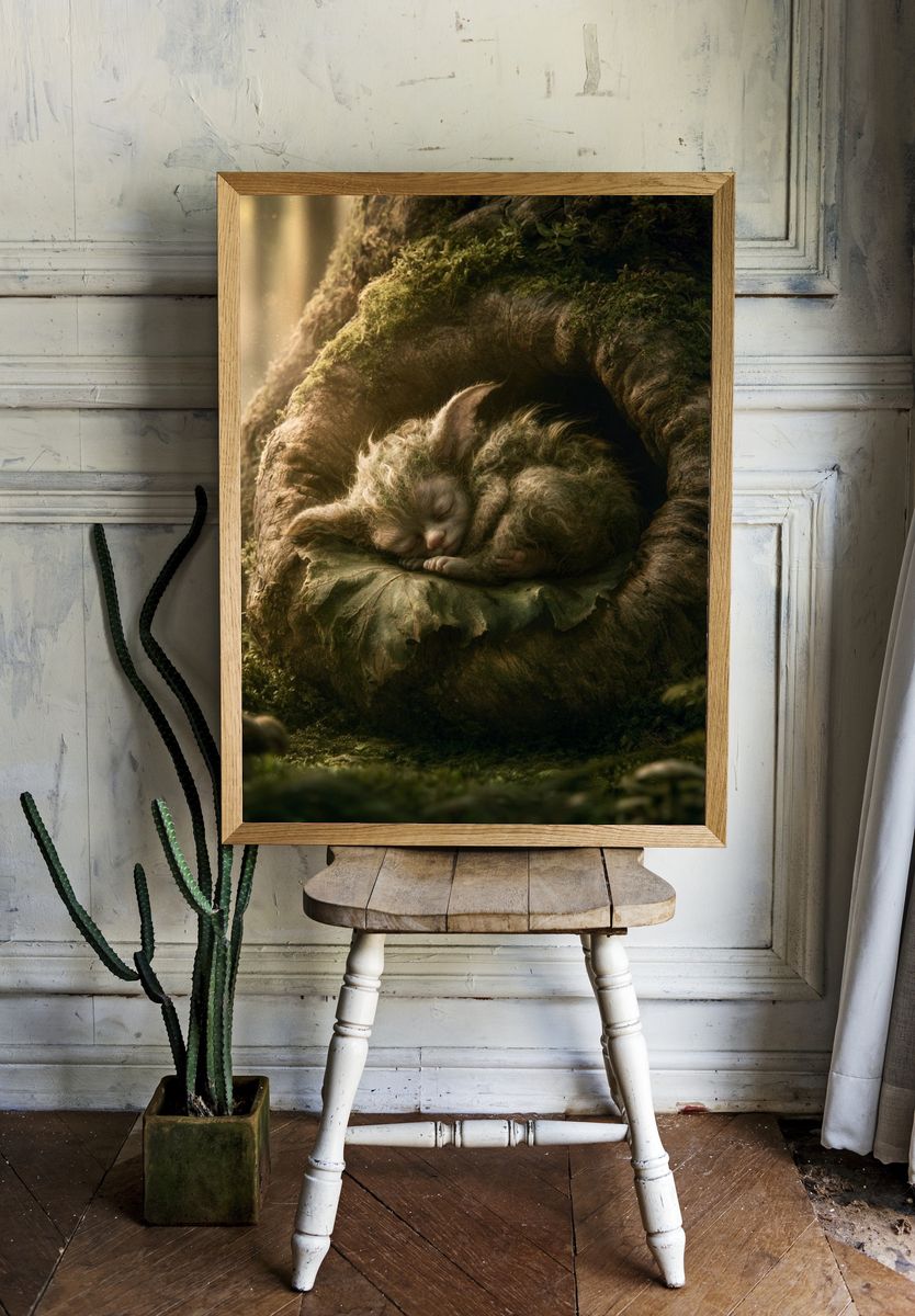 Sleeping Forest Kitten Illustration Poster. room preview