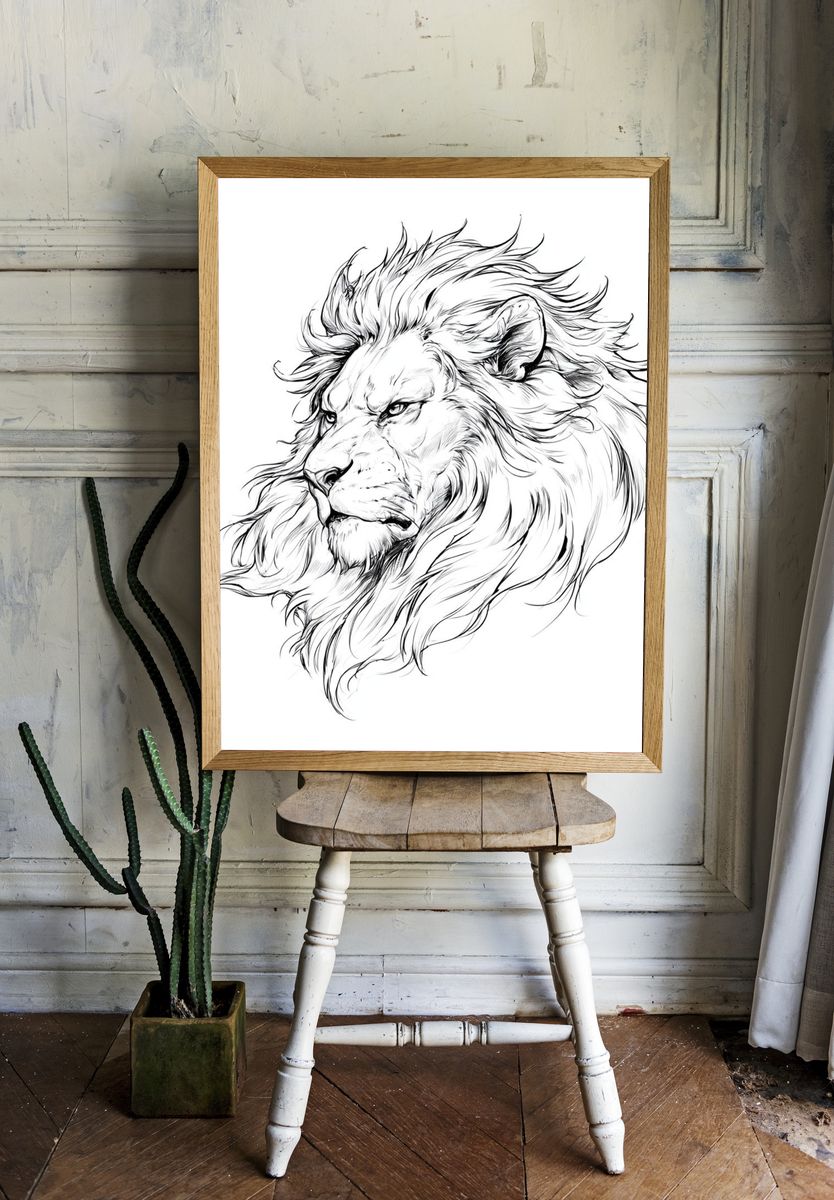Lion Head Line Art Poster. room preview