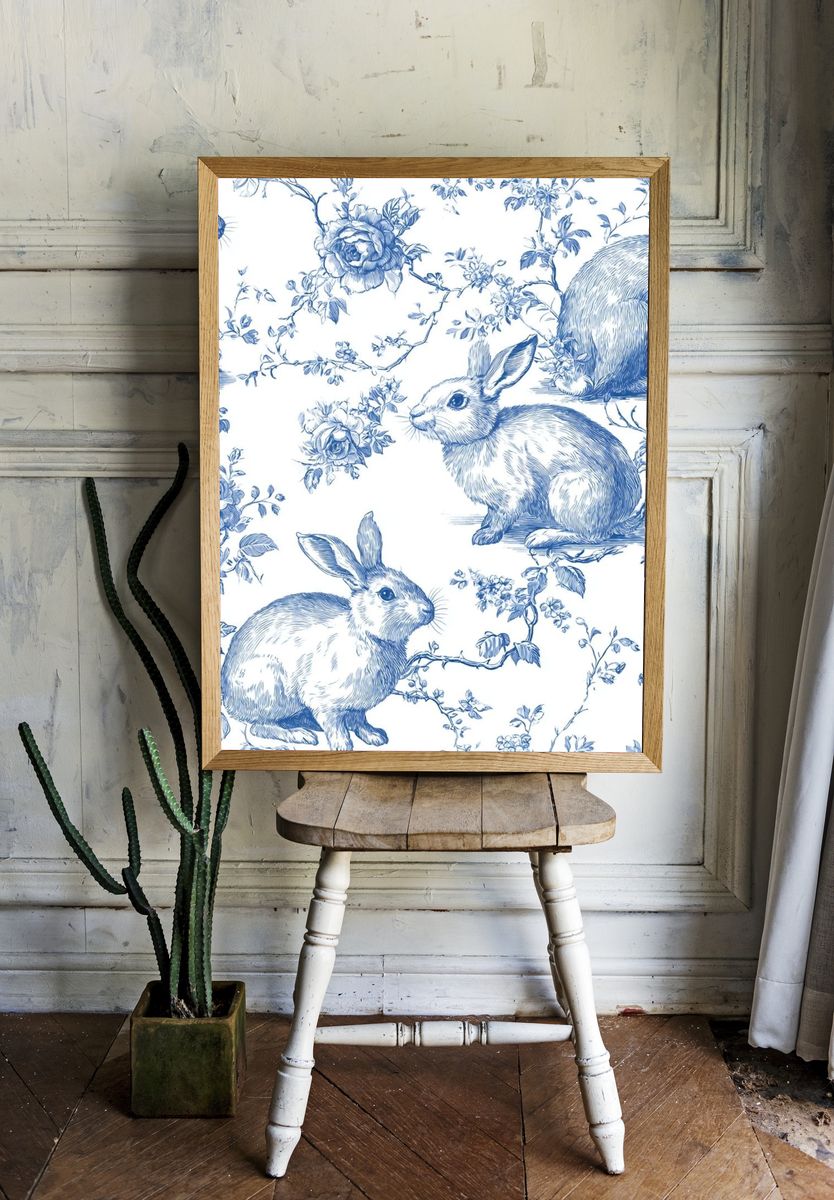 Blue Rabbit Toile Pattern Print. room preview