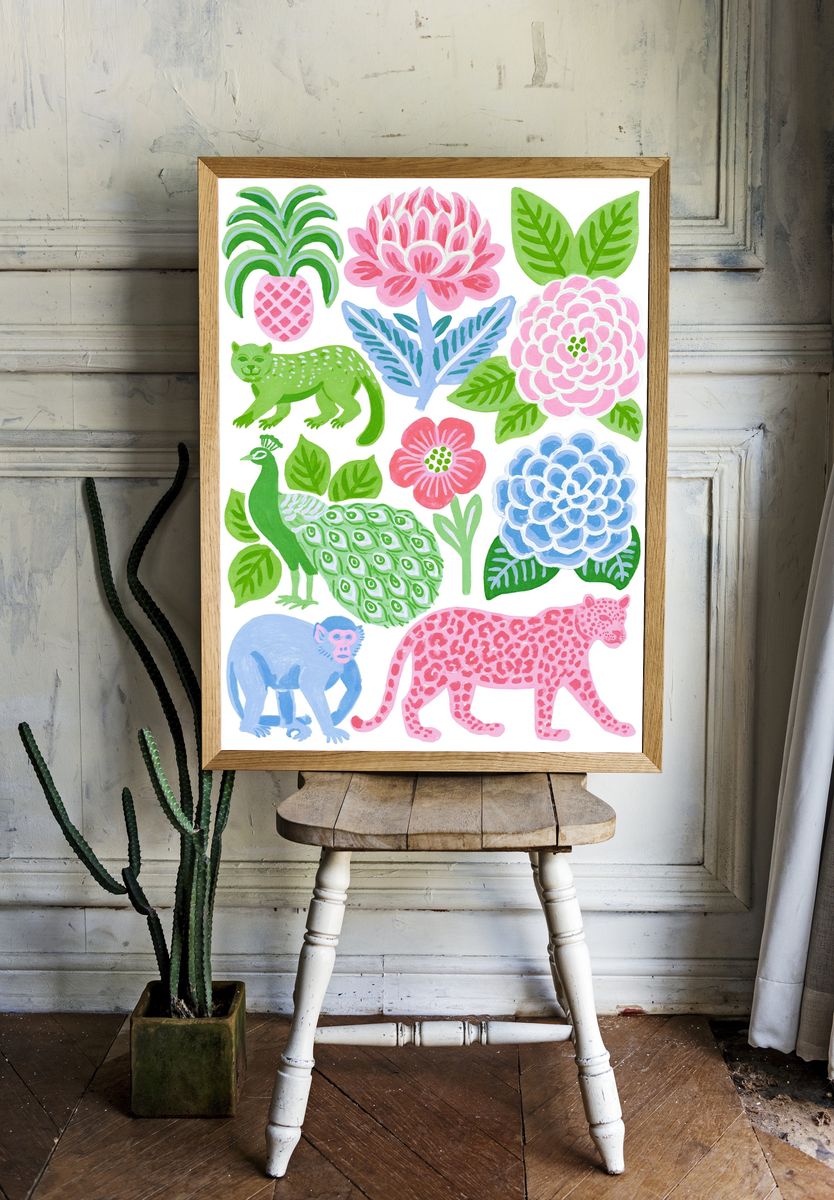 Tropical Jungle Animals Illustration Poster. room preview