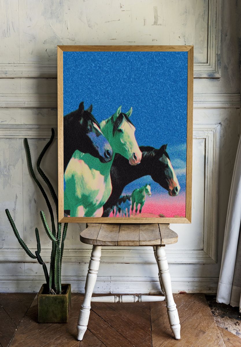 Neon Horses Retro Print. room preview