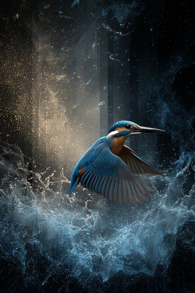 Kingfisher in Flight Illustration Poster.