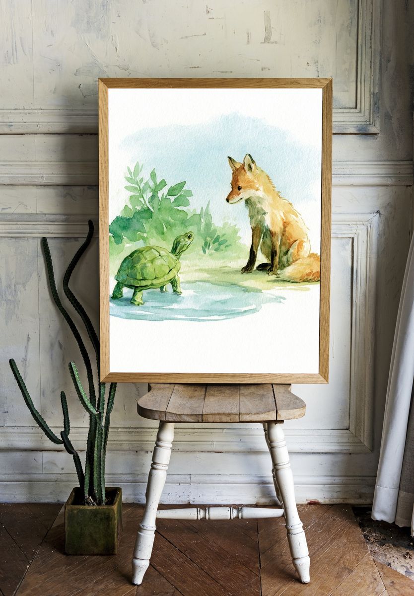 Fox and Turtle Watercolor Poster. room preview