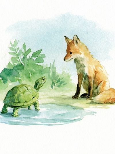 Fox and Turtle Watercolor Poster.