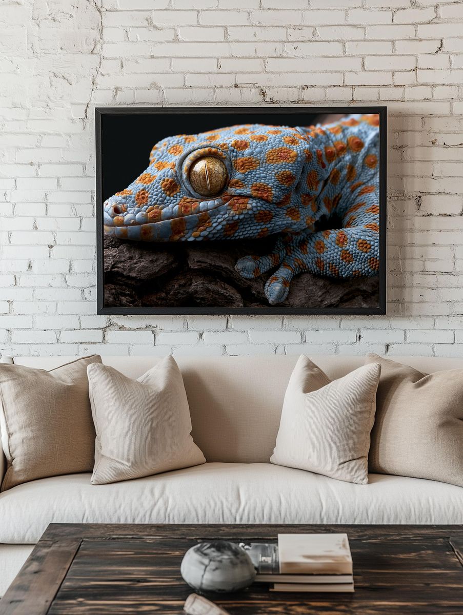 Blue Gecko Close-Up Photography Poster. room preview