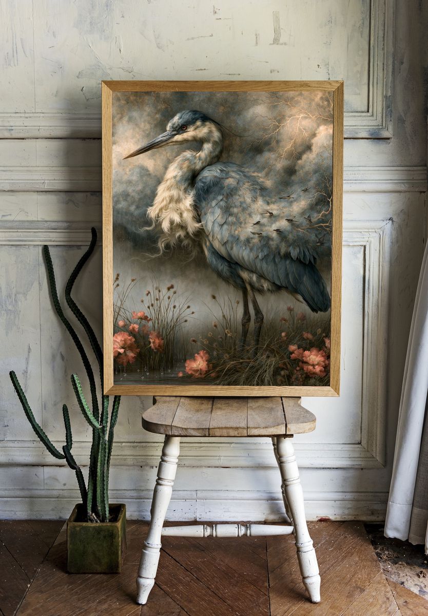 Heron in Stormlight Illustration Poster. room preview