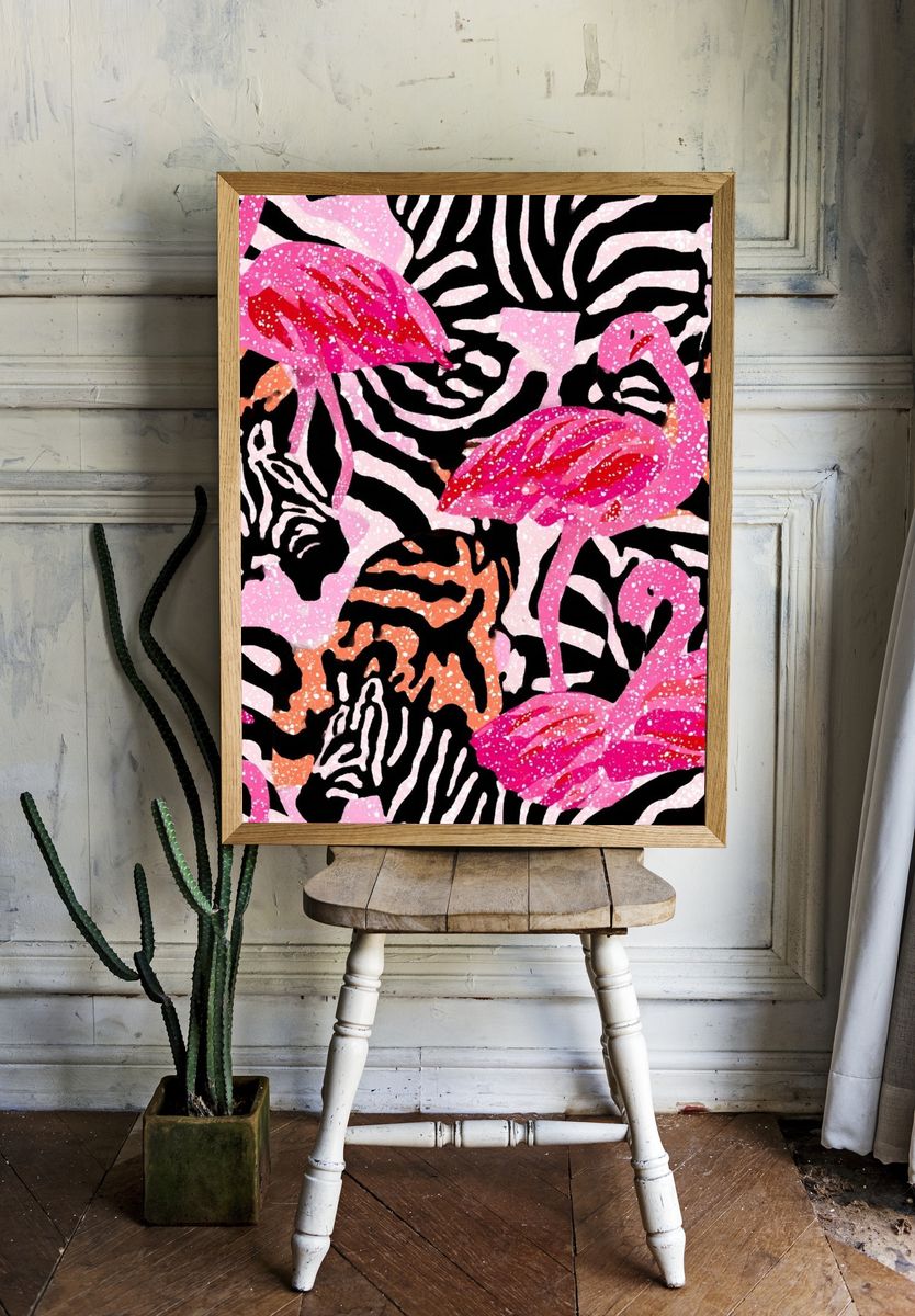 Flamingo Zebra Pattern Print. room preview