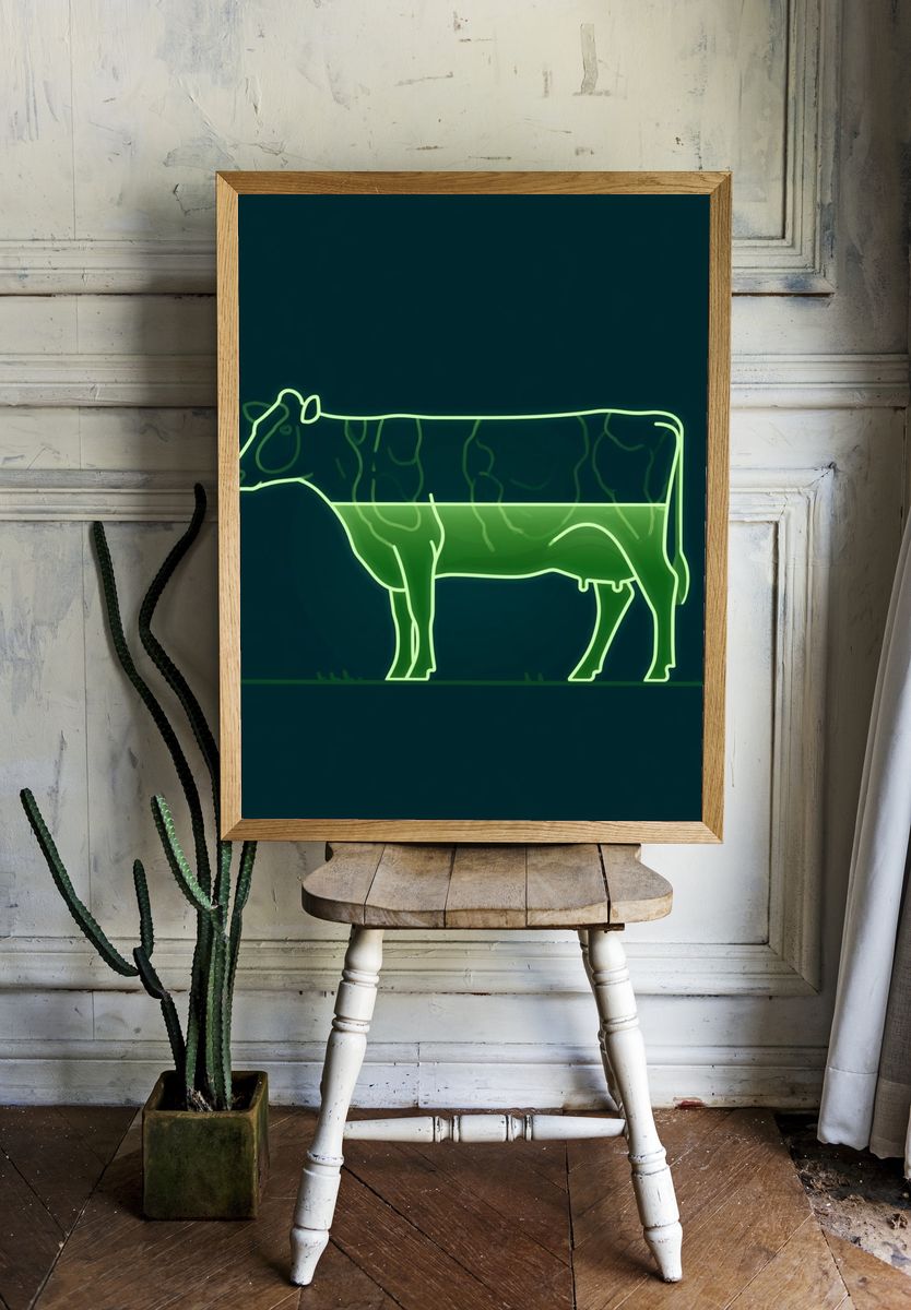 Neon Cow Line Art Poster. room preview