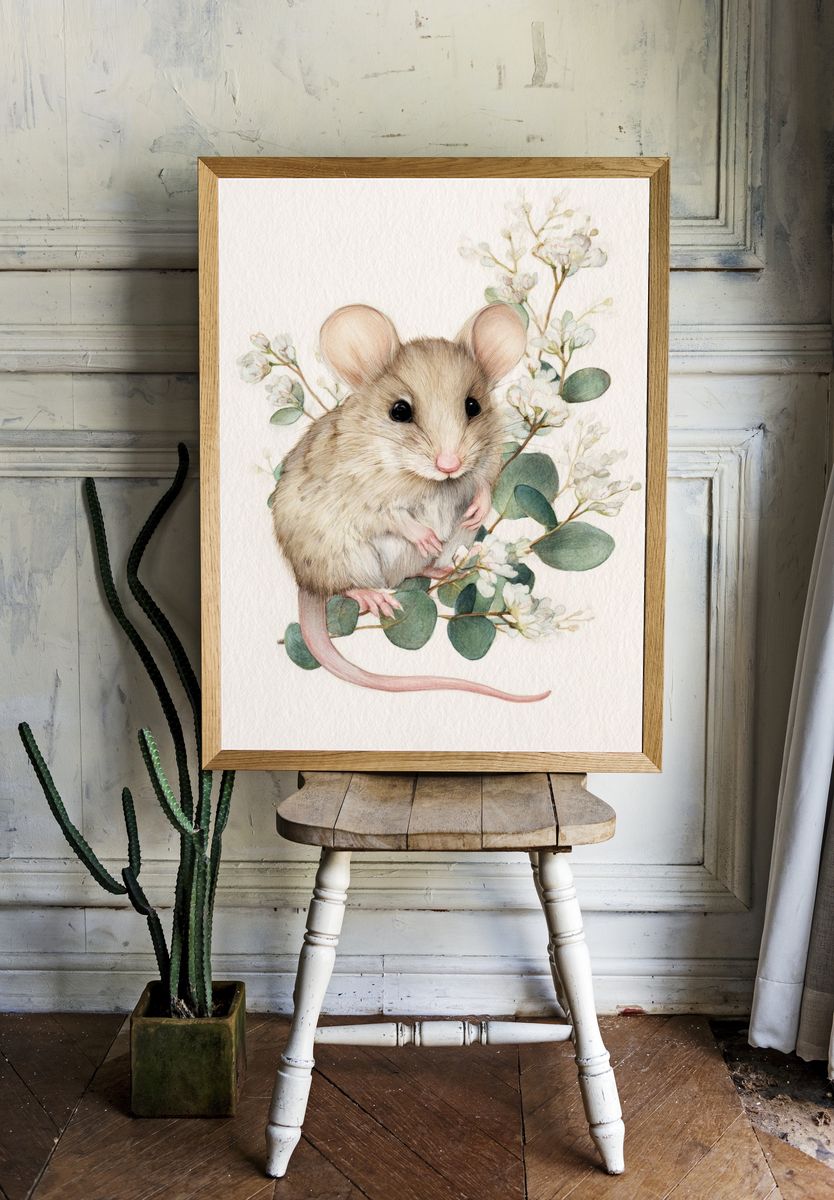 Mouse and Blossoms Watercolor Print. room preview