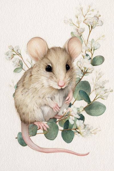 Mouse and Blossoms Watercolor Print.