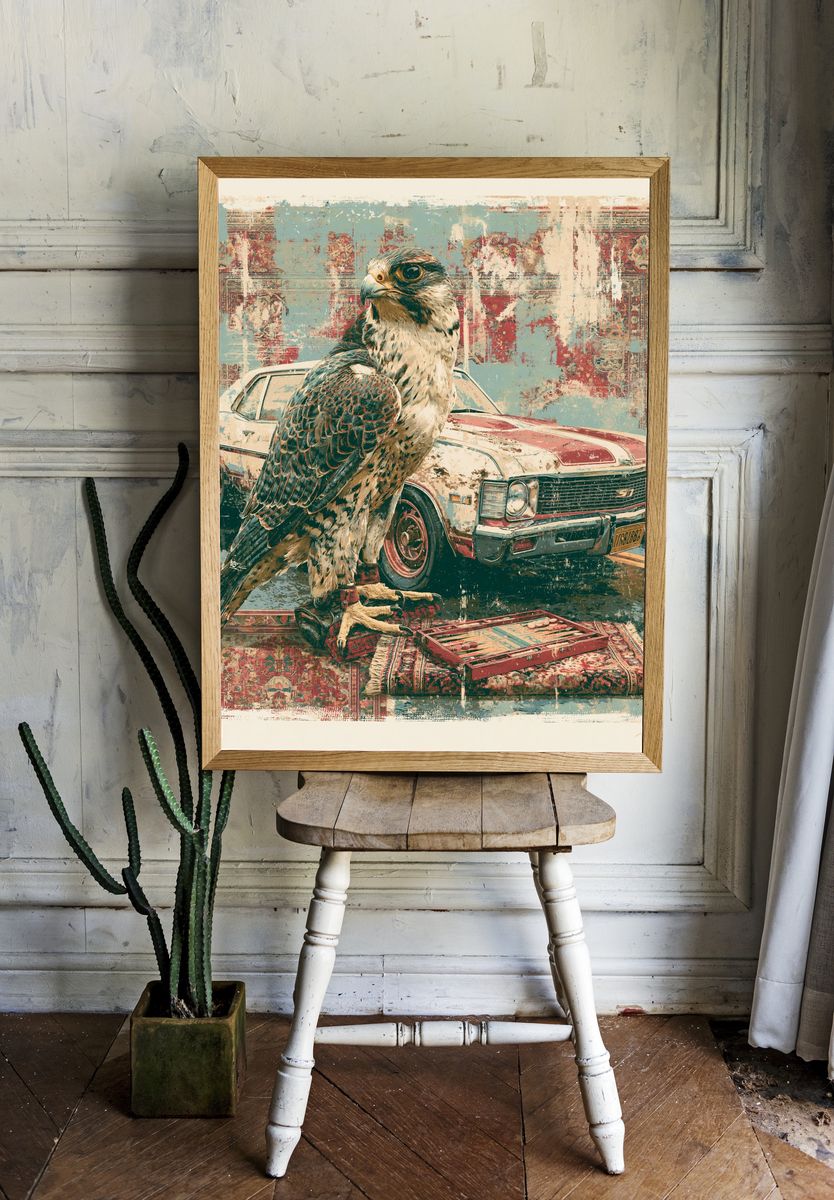 Falcon and Classic Car Illustration Poster. room preview