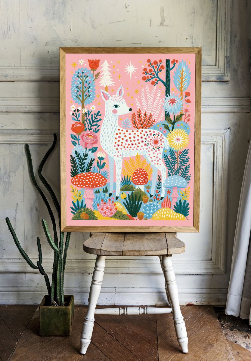 Whimsical Deer Garden Illustration Poster. room preview
