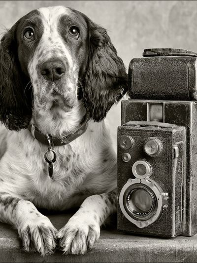 Spaniel with Vintage Camera Poster.