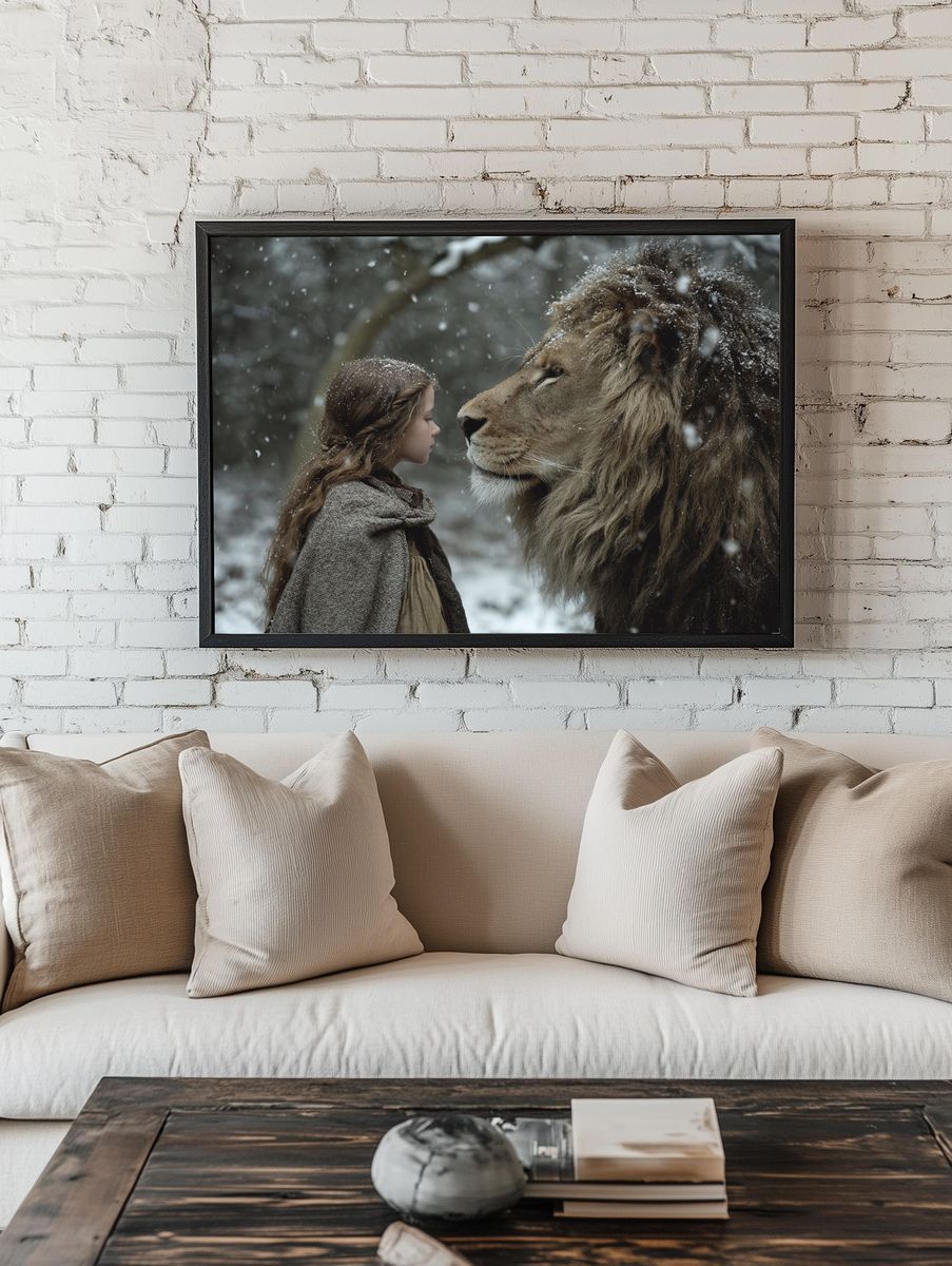 Girl and Lion Winter Portrait Print. room preview