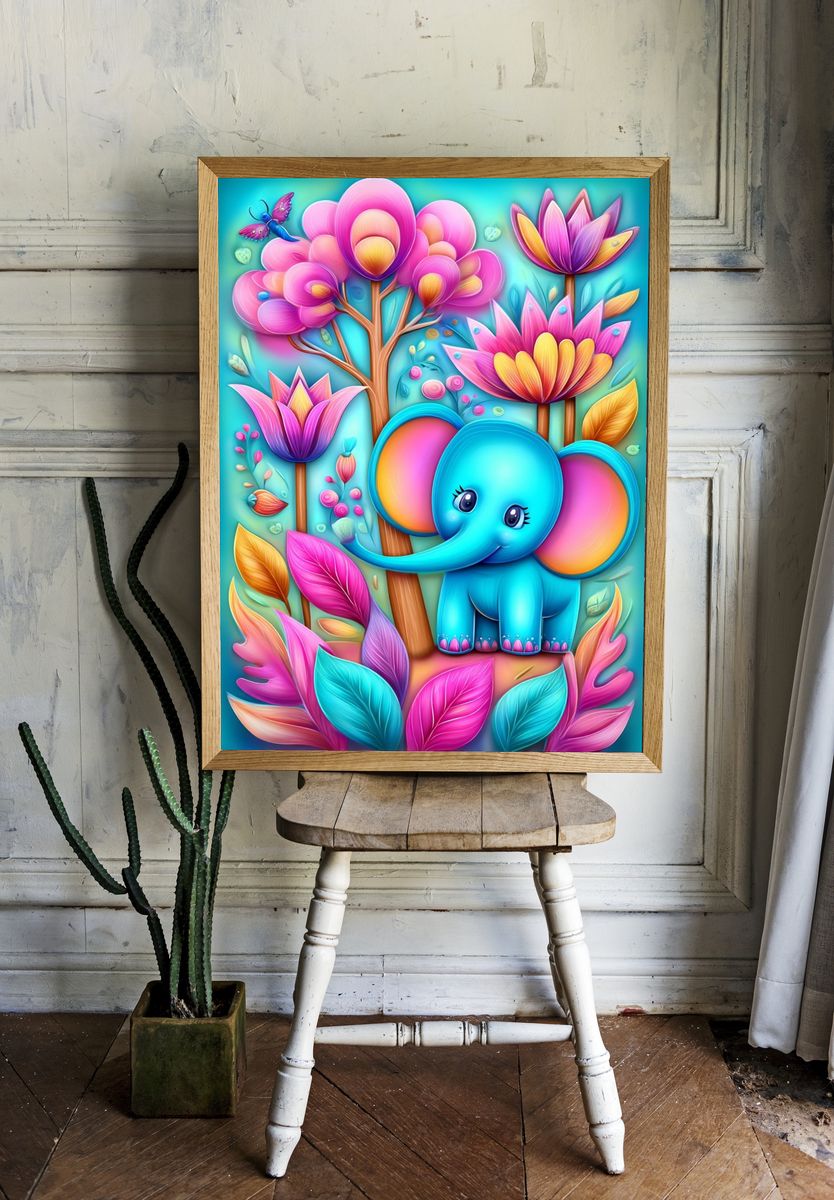 Cute Elephant Floral Fantasy Poster. room preview