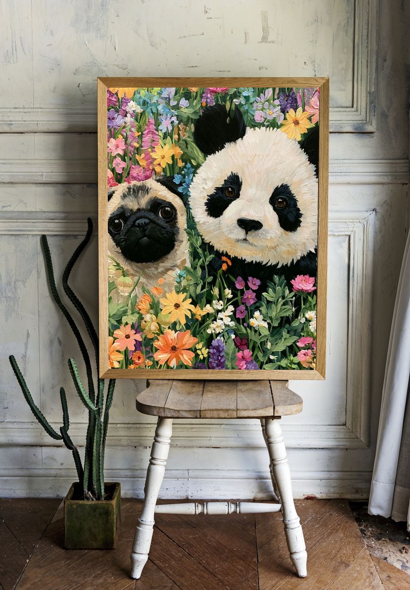 Panda and Pug Floral Illustration Poster. room preview