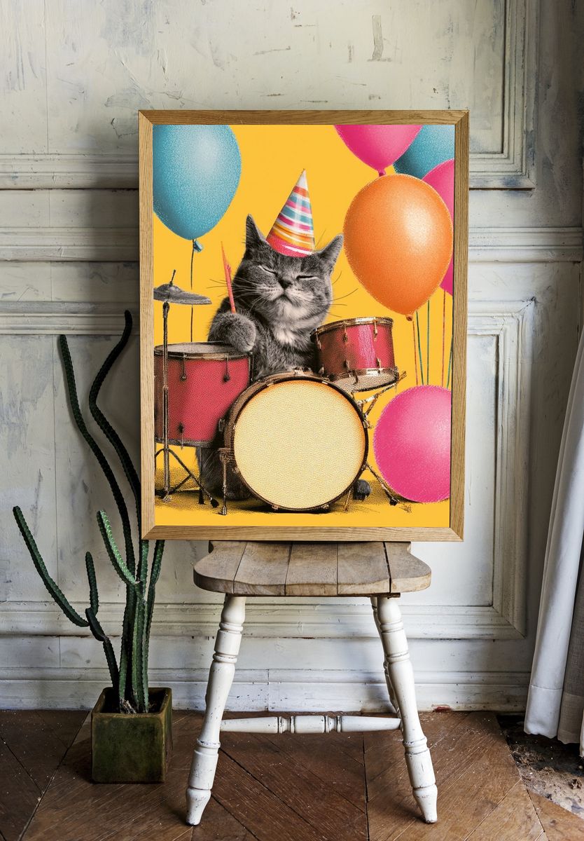 Party Cat Drummer Illustration Poster. room preview