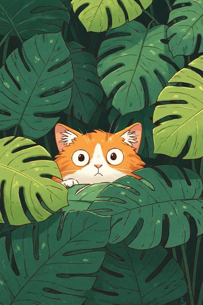 Curious Cat in Jungle Leaves Poster.
