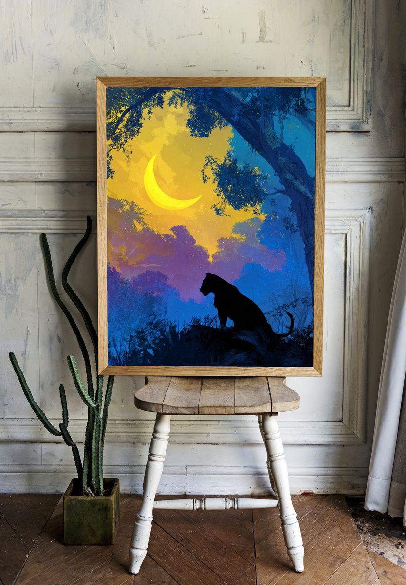 Moonlit Panther Jungle Illustration Poster. room preview