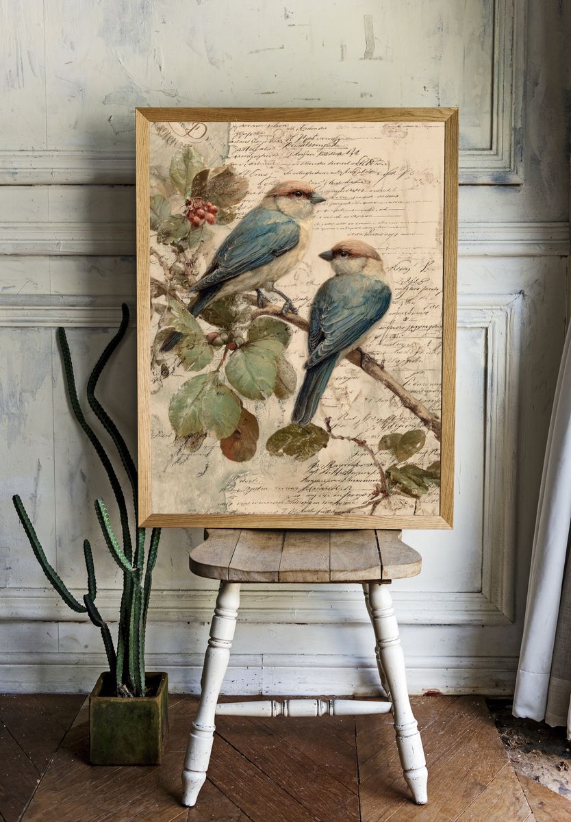 Bluebirds Botanical Vintage Poster. room preview