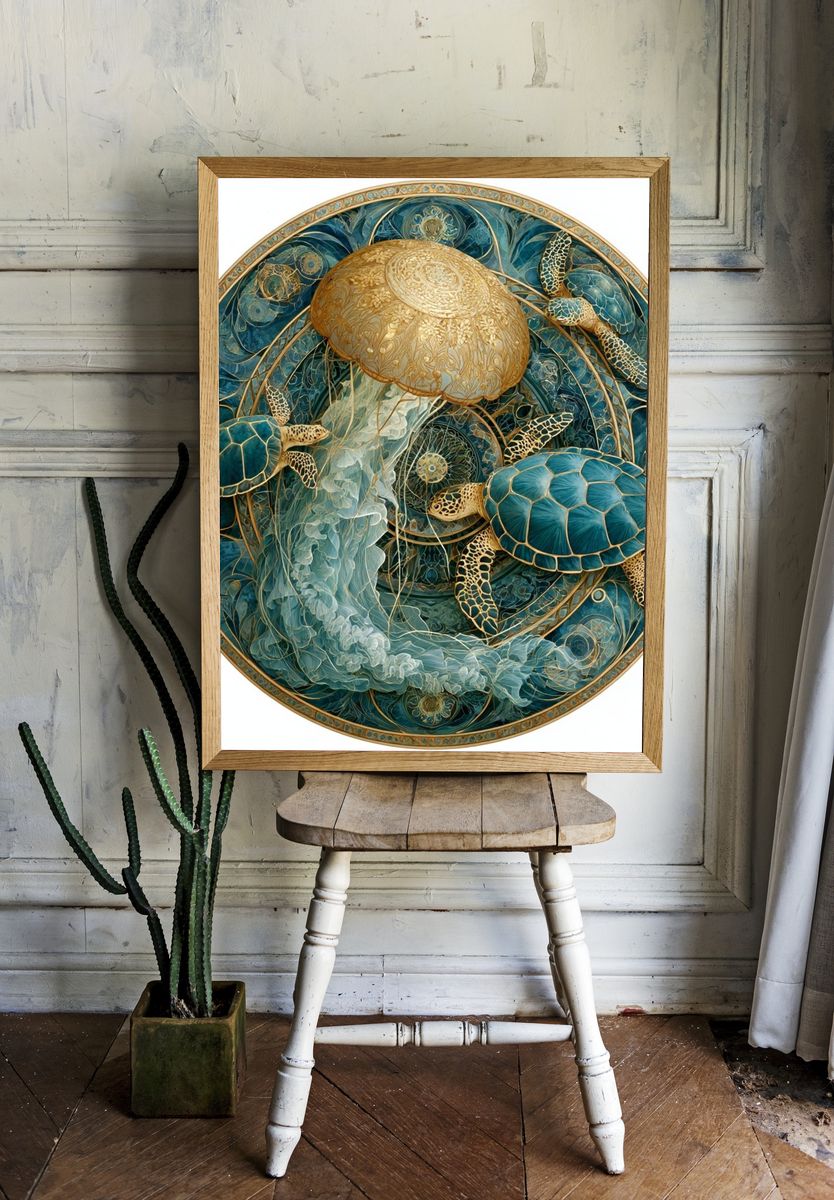 Sea Turtles Mandala Illustration Poster. room preview