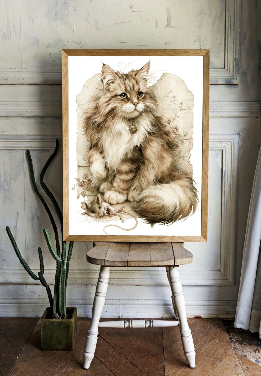 Fluffy Cat and Mouse Illustration Poster. room preview