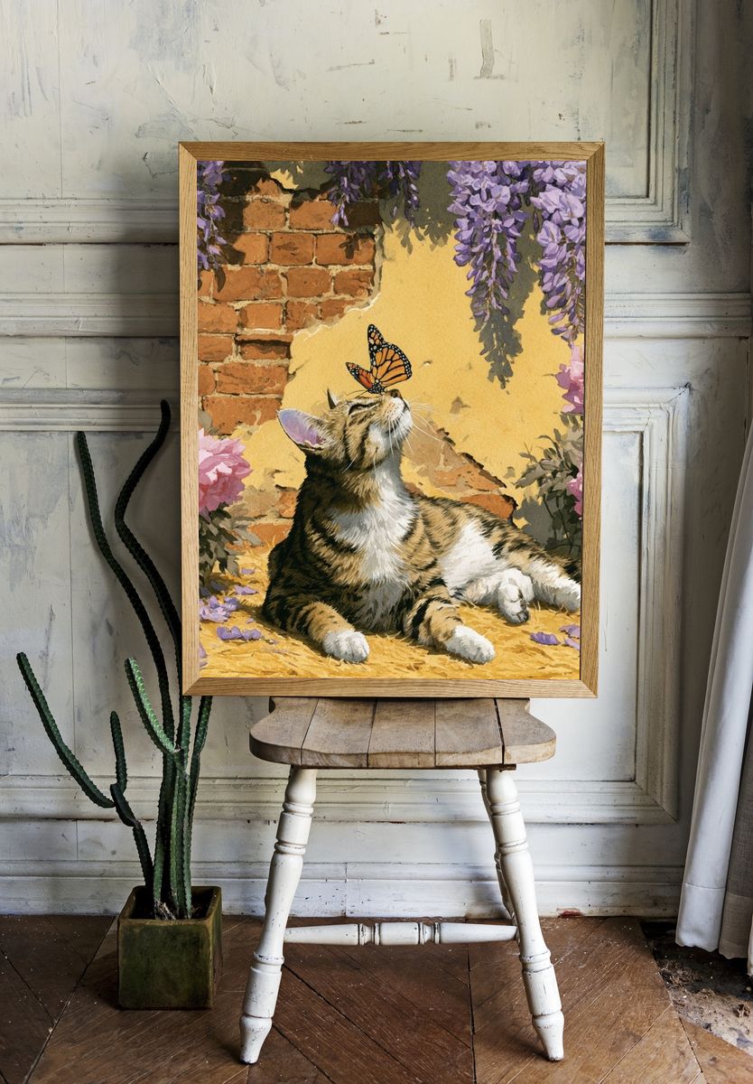 Cat and Butterfly Botanical Print. room preview