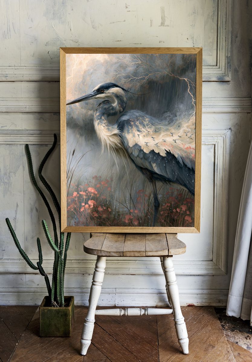 Heron in Rain — Illustration Print. room preview