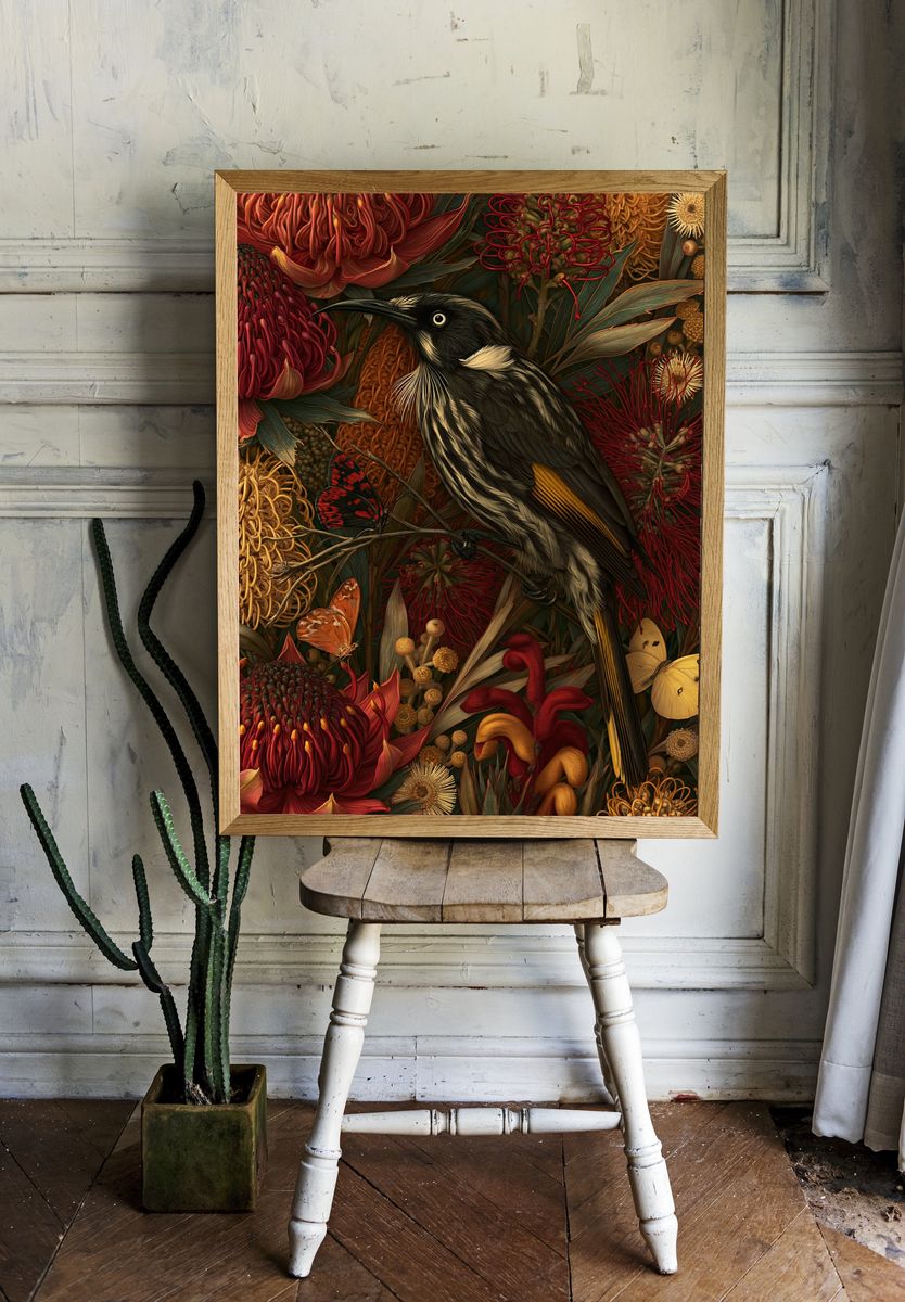 Tui Among Native Blooms Print. room preview