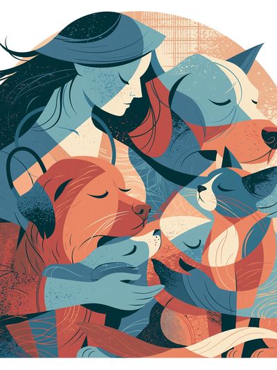 Sleeping Cats and Dog Illustration Poster.