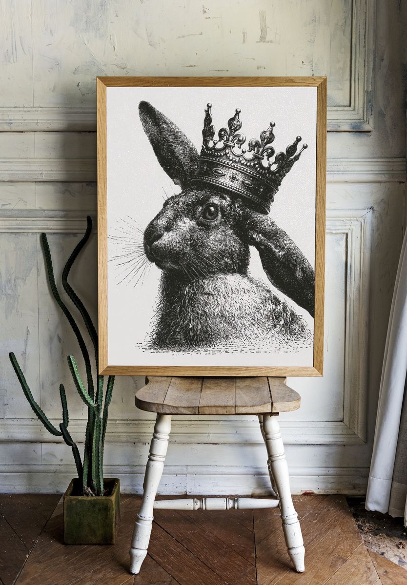 Crowned Rabbit Ink Print. room preview