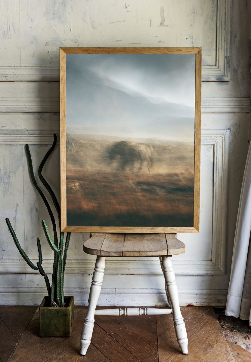 Misty Elephant Landscape Print. room preview